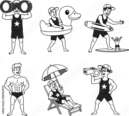 Cartoon-style vector of lifeguards at beach with binoculars, duck float, surfboard, umbrella, boombox, posing, and relaxing.