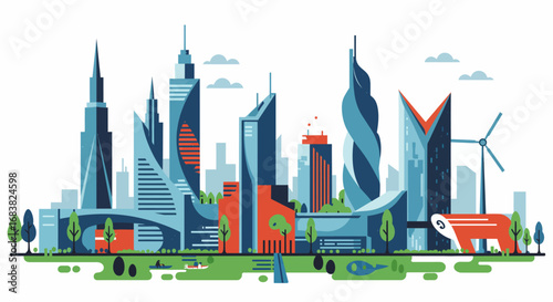 Futuristic cityscape with geometric skyscrapers and eco-friendly design in fl…