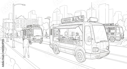 Futuristic streets with food trucks in urban setting