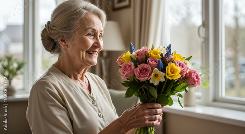 A contented elderly woman holds a bouquet of flowers that was given to her