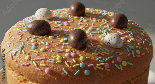 Easter cake with colorful icing and chocolate eggs in bright colors with copy space