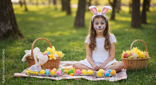 Girl joyfully dressed as a bunny at an Easter picnic with baskets of colorful eggs