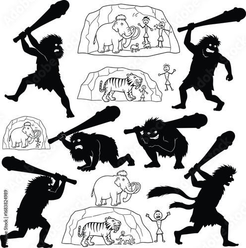 Cavemen with clubs, mammoths, tigers, and prehistoric cave paintings – Stone Age vector set of early human life scenes