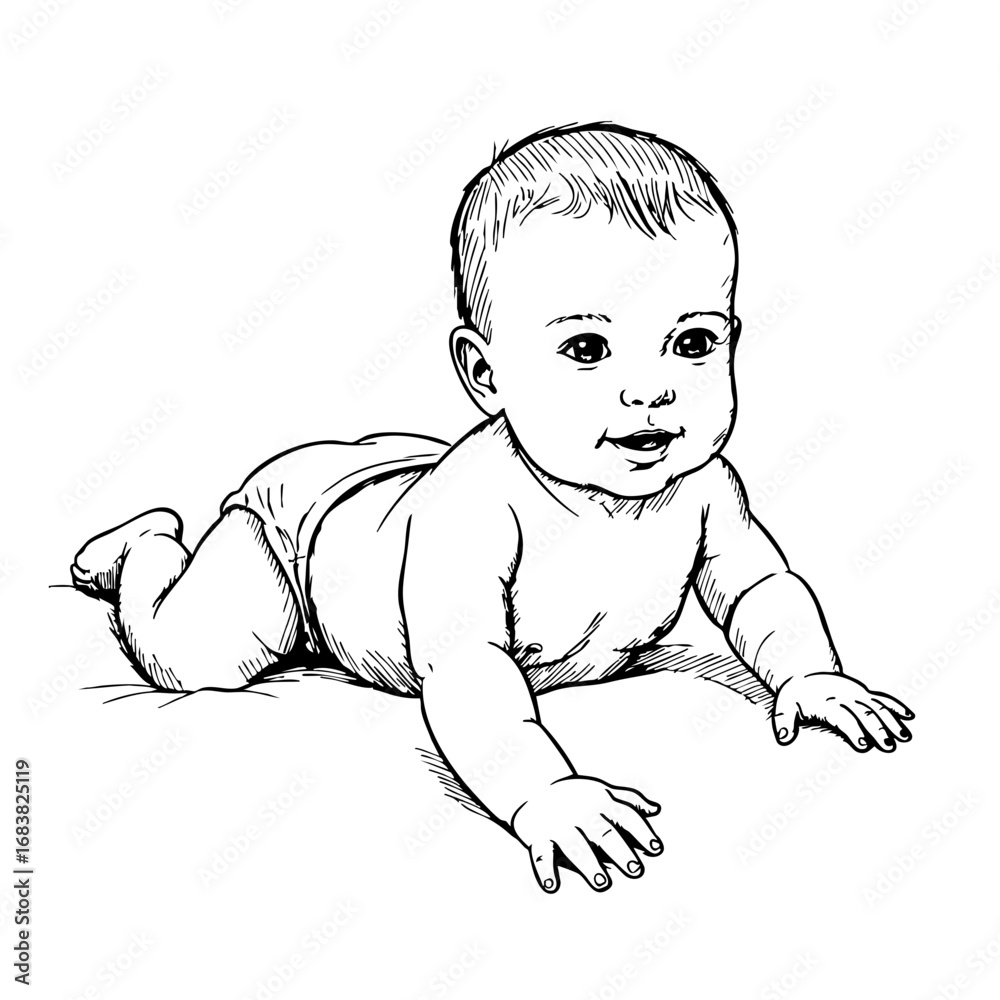 Fototapeta premium Baby crawling in a vintage sketch style with a playful expression 