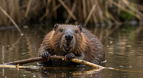 Beaver curiously holding a branch in the water