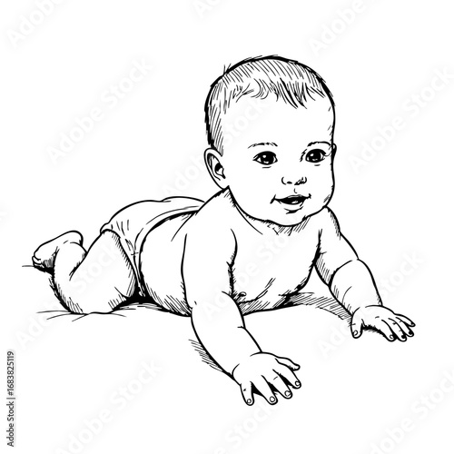 Baby crawling in a vintage sketch style with a playful expression  