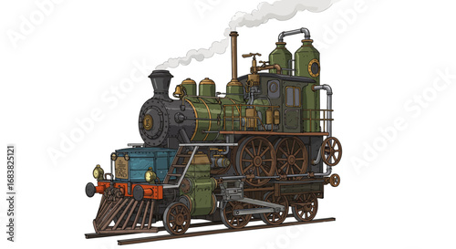 Vintage steam locomotive with industrial steampunk design in detailed 3d