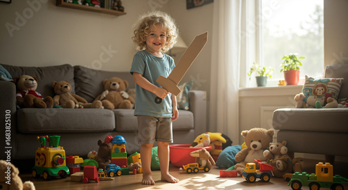 Child joyfully playing with a toy sword in a toy-filled room