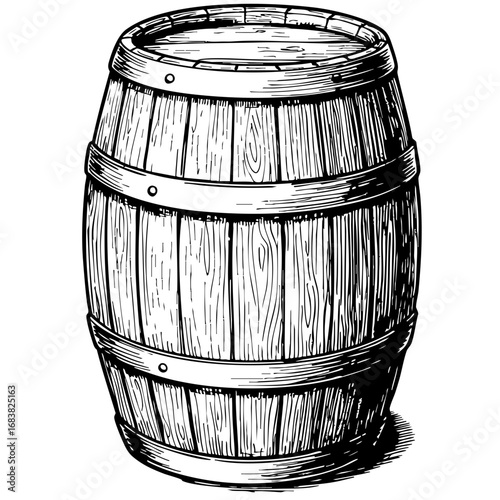 Vintage sketch of a wooden barrel with detailed grain and structure  