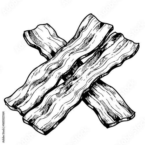 Vintage sketch of crossed bacon strips in black and white  