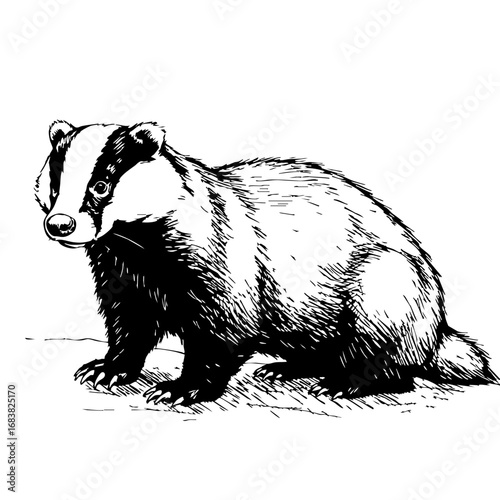 Vintage sketch of a badger sitting on the ground  