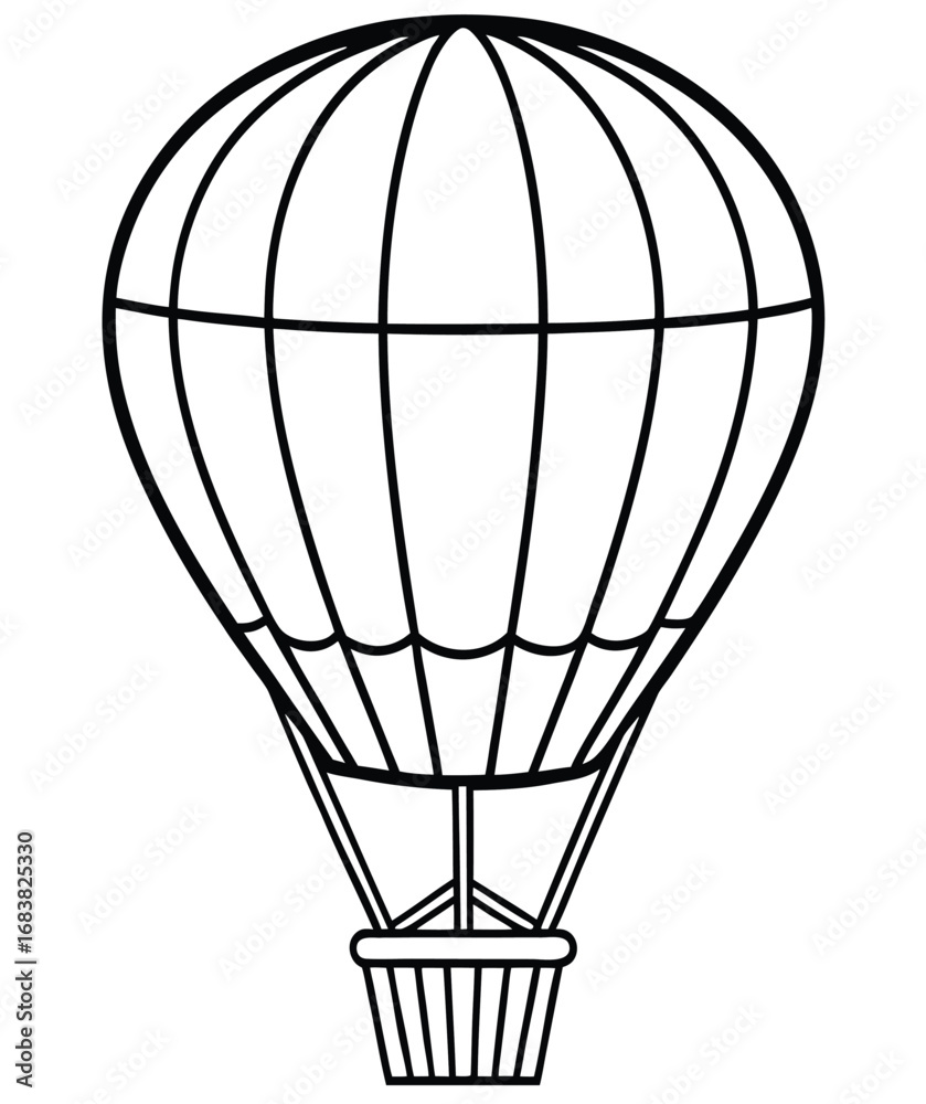 Naklejka premium An iconic hot air balloon vector illustration with a colorful aerostat and basket floats high in the sky, perfect for a fun travel adventure