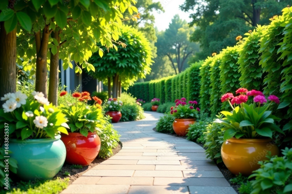 Naklejka premium A picturesque garden path meanders through vibrant, flourishing flowerbeds, showcasing a variety of colorful potted plants and lush green hedges in a sunlit landscape.