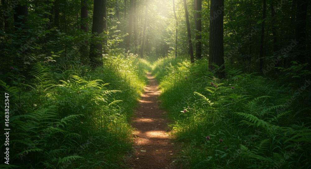 Obraz premium Sunlit Path Through Lush Green Forest