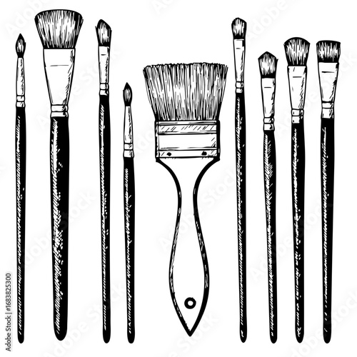 Vintage sketch of various paint brushes arranged in a line  