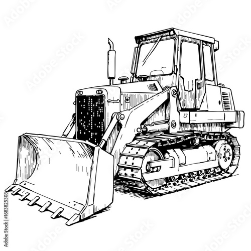 Vintage sketch of a bulldozer with tracks and front loader  