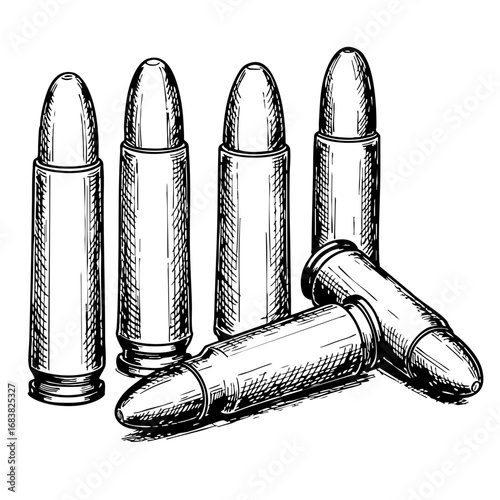 Vintage sketch of five bullets arranged on a flat surface  