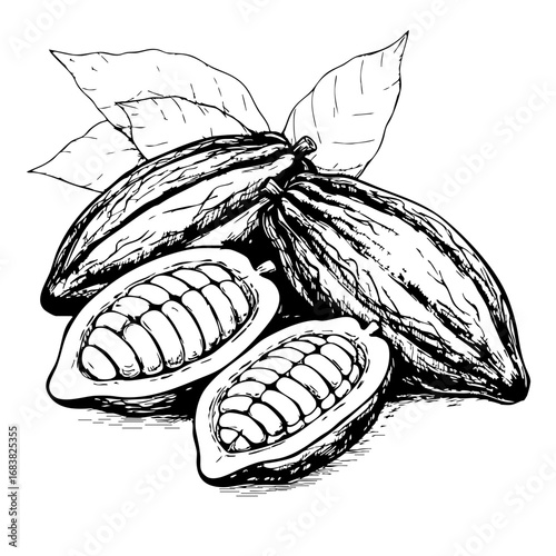 Cacao beans and pods illustrated in a vintage sketch style  