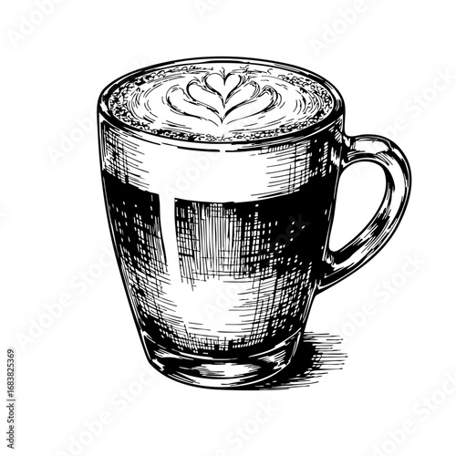 Vintage sketch of cappuccino with latte art in a glass cup  