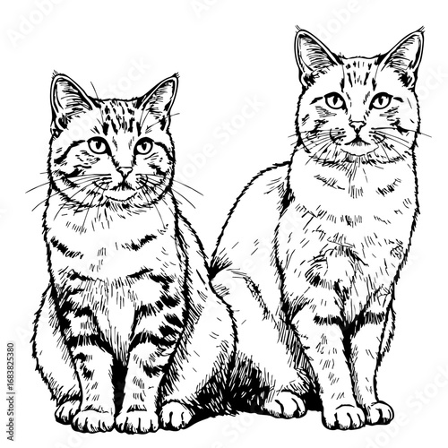 Two cats sitting side by side in a detailed vintage sketch style  