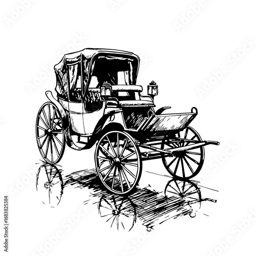 Vintage sketch of a horse-drawn carriage with detailed wheels  