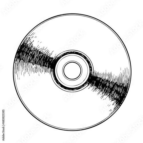 Vintage sketch of a compact disc, top view with detailed shading  