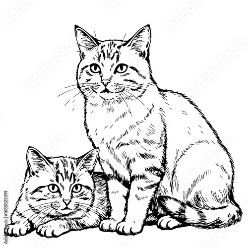 Two playful cats in vintage sketch style illustration  