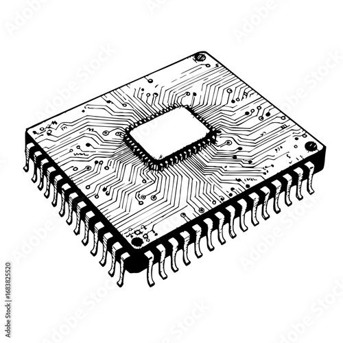 Vintage sketch of a microprocessor with detailed circuitry design  