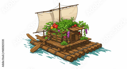 Floating garden on wooden raft with plants and sail in cartoon style