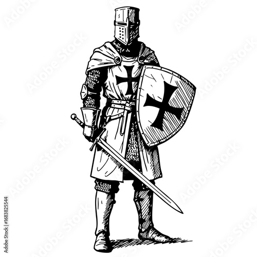 Crusader knight in armor holding a sword and shield in sketch style  