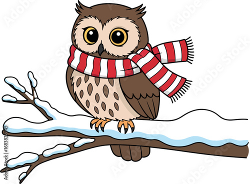 Owl Mascot with Big Eyes in a Scarf, Ready for Christmas or Winter