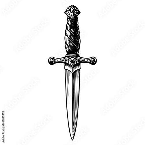 Vintage sketch of a dagger with intricate design and sharp blade  