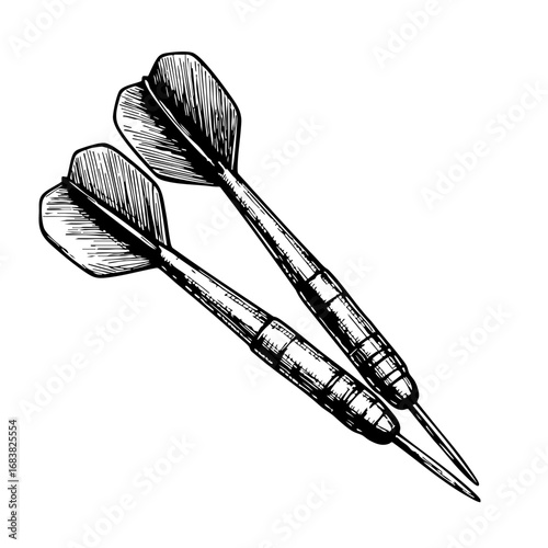 Vintage sketch of two darts with sharp tips and streamlined design  