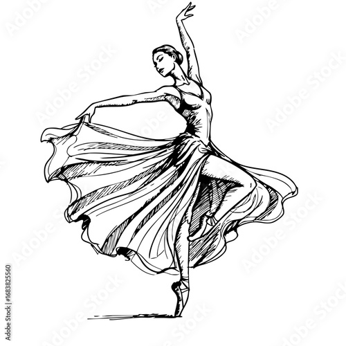 Elegant ballerina dancing in a flowing dress in vintage sketch style  