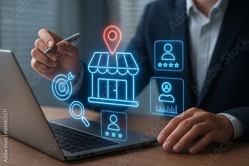 Business digital hologram representing retail shop promotion customer targeting visibility futuristic planning data strategy brand growth advertising technology marketing engagement revenue 