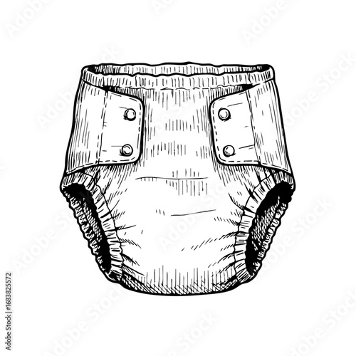 Vintage sketch of a baby diaper with buttons and elastic edges  