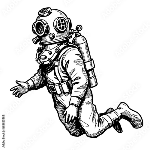 Vintage sketch of a diver in a vintage diving suit underwater  