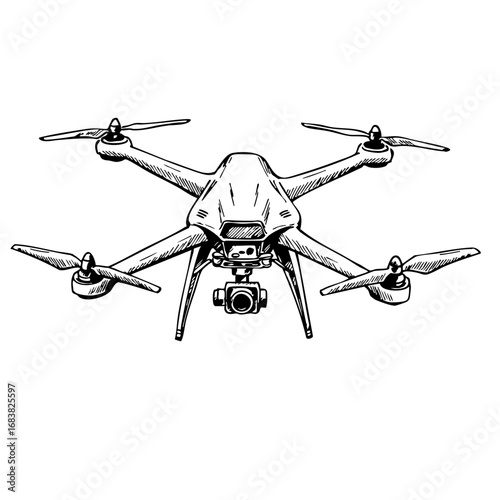 Vintage sketch of a quadcopter drone viewed from the front  