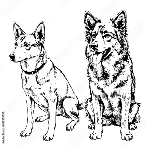 Vintage sketch of two dogs sitting side by side  