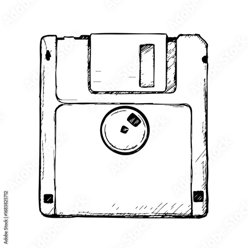 Vintage sketch of a floppy disk in simple black outline  