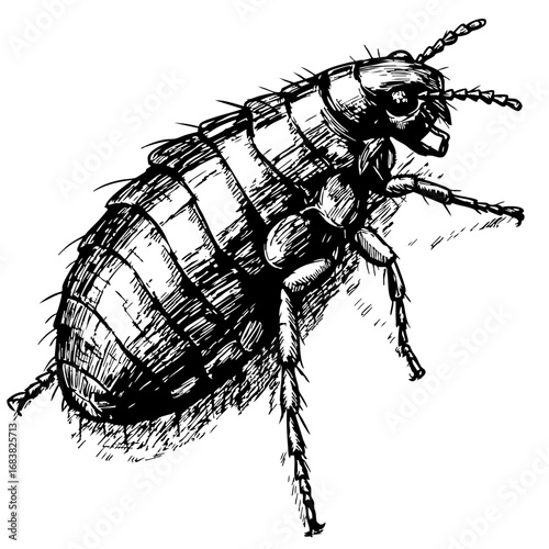 Vintage sketch of a flea insect with detailed anatomy  