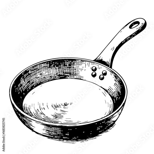 Vintage sketch of a frying pan in a detailed black and white design  