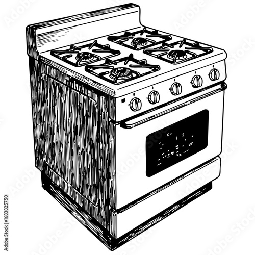 Vintage sketch of a gas stove with four burners and oven  