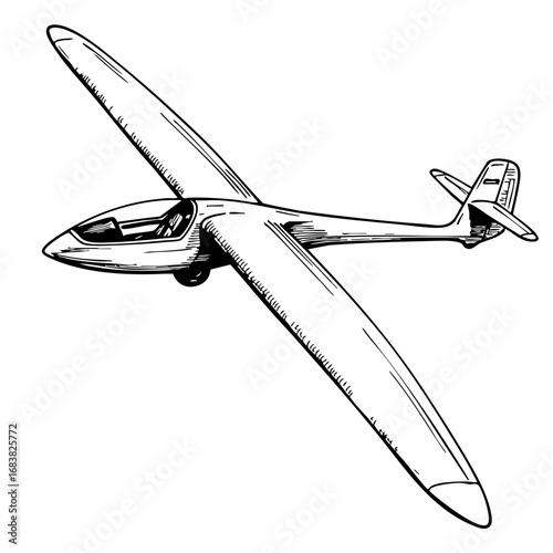 Vintage sketch of a glider aircraft in flight  