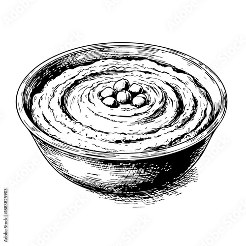 Vintage sketch of hummus served in a bowl with chickpeas on top  