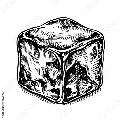Vintage sketch of an ice cube with detailed texture and shading  