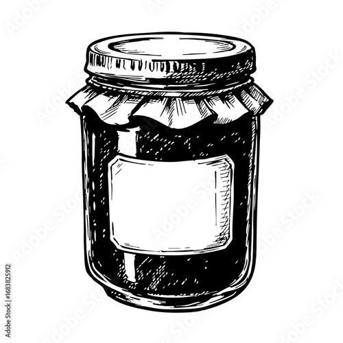 Vintage sketch of a jam jar with a blank label and patterned lid  
