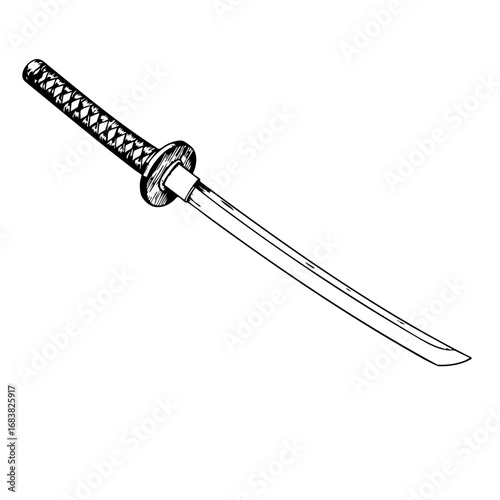 Vintage sketch of a katana sword with intricate details  
