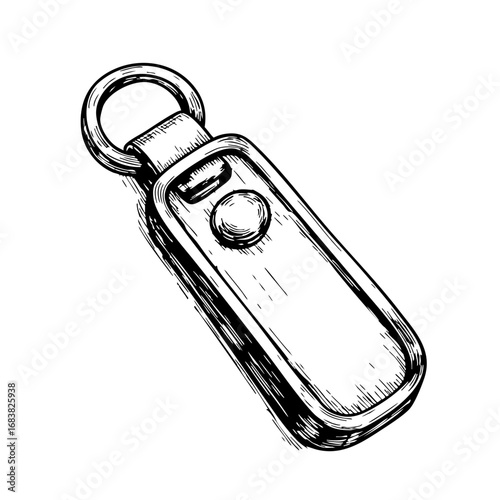 Vintage sketch of a keychain with a round button and metal ring  