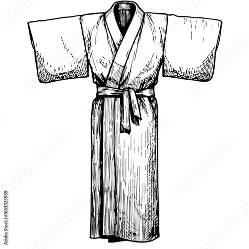 Vintage sketch of a traditional kimono garment in monochrome style  